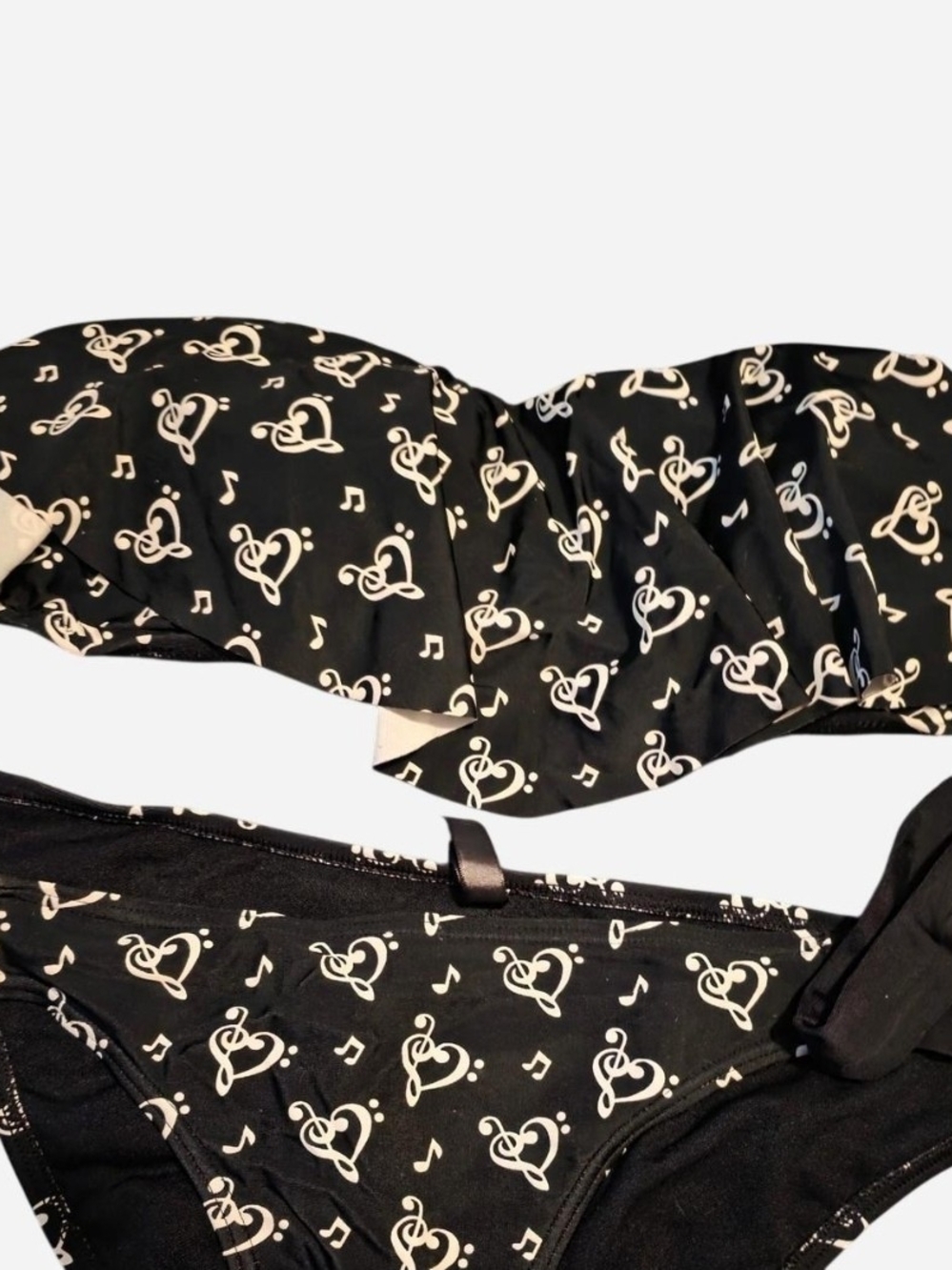Hot Topic Black Bandeau Bikini Set with Cream Music Note Print